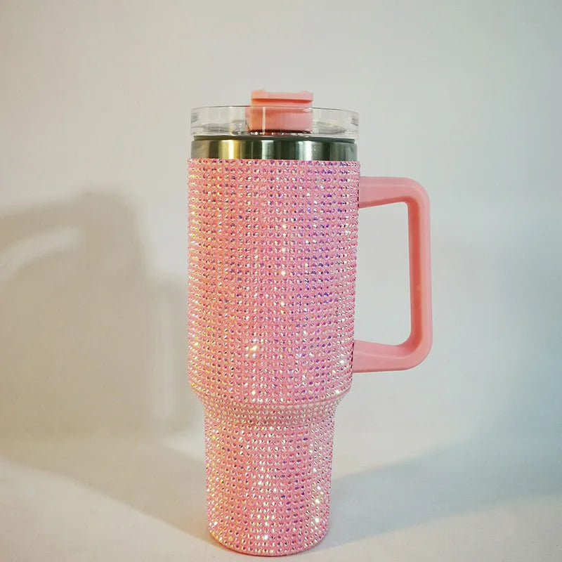 40oz Diamond Thermos Cup with Handle 304 Stainless Steel Vacuum Coffee Insulated Bottle Portable Car Flasks