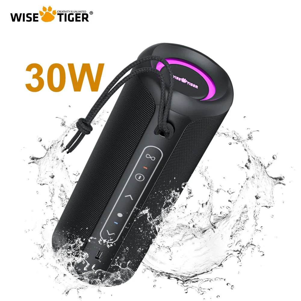 P3 Portable Bluetooth Speaker in black with 30W power, featuring waterproof design and control buttons on the side.
