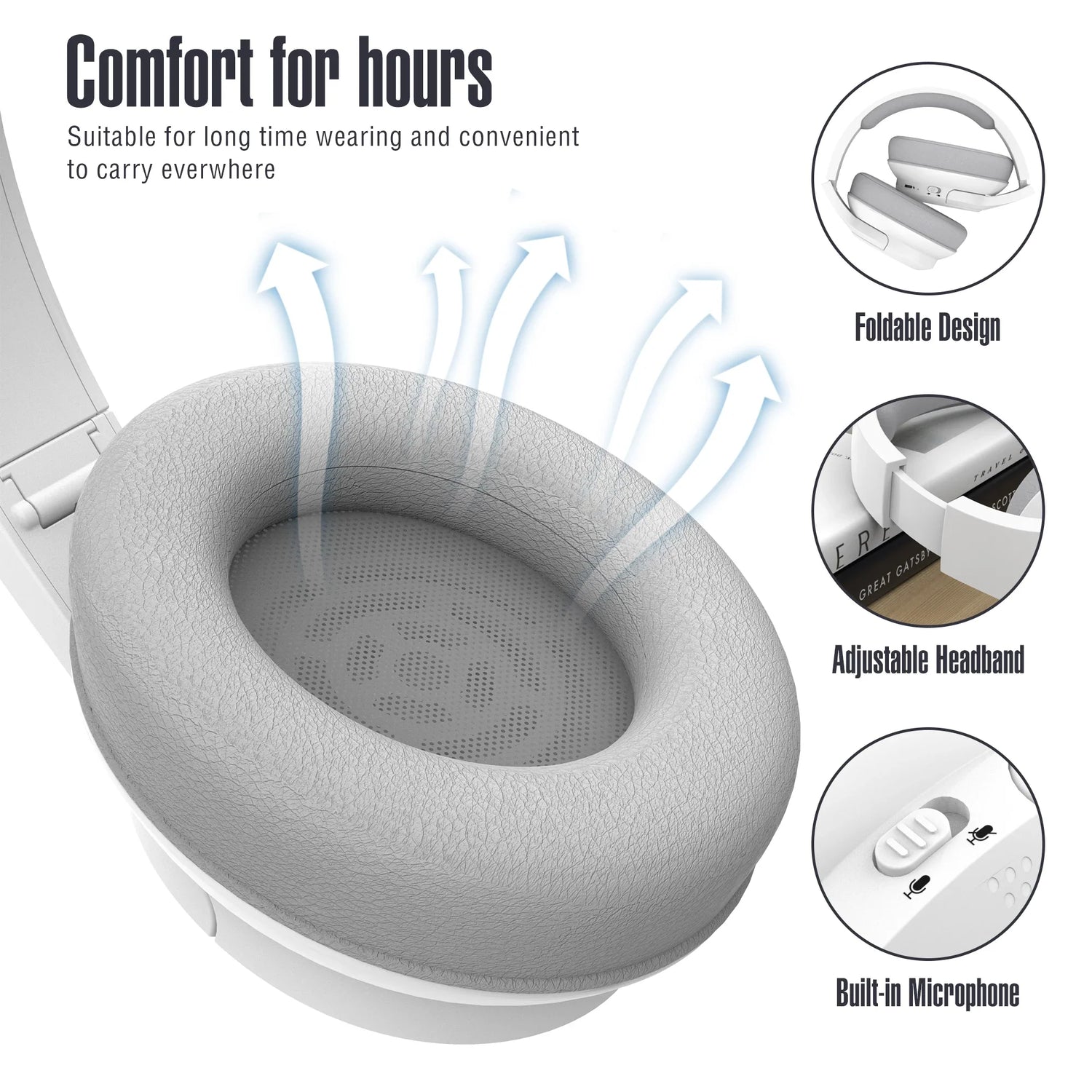Bluetooth Wireless Over-Ear Headphones with foldable design, adjustable headband, and built-in microphone for comfort and con