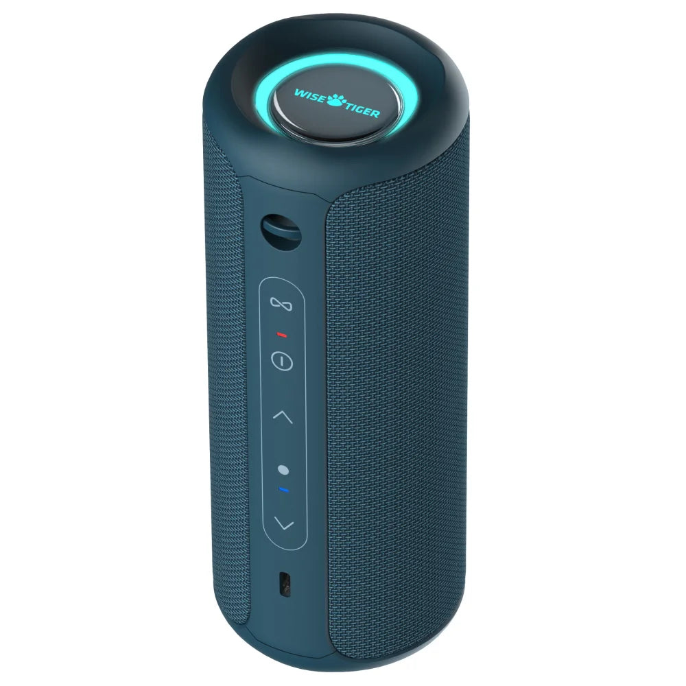 P3 Portable Bluetooth Speaker in blue with a cylindrical design, control buttons, and LED light ring on top.