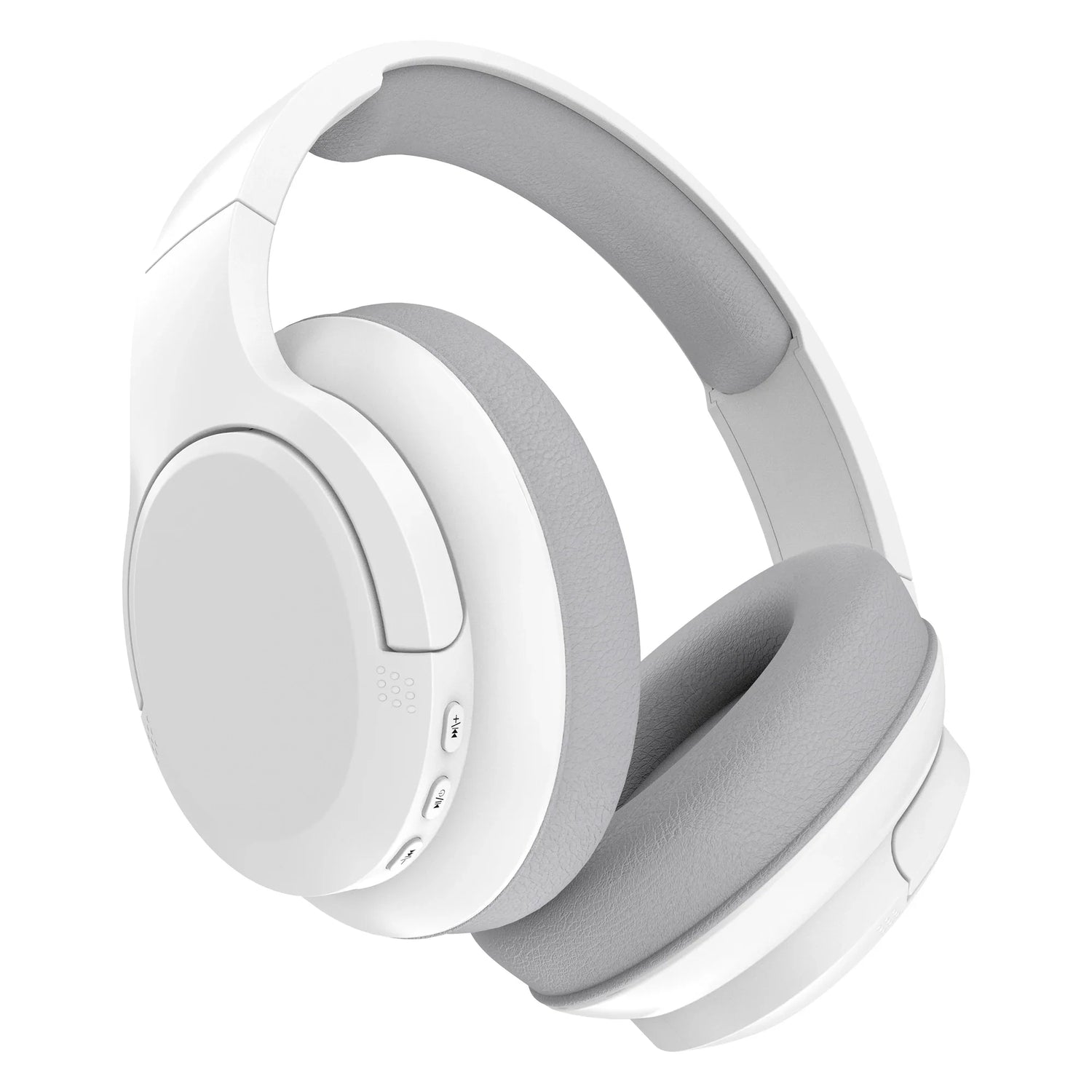 Bluetooth Wireless Over-Ear Headphones in white with gray ear cushions and control buttons on the side.
