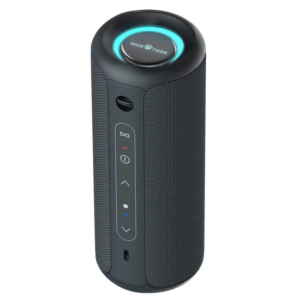 P3 Portable Bluetooth Speaker featuring a cylindrical design, control buttons, and a glowing LED ring on top.