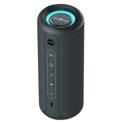 P3 Portable Bluetooth Speaker featuring a cylindrical design, control buttons, and a glowing LED ring on top.