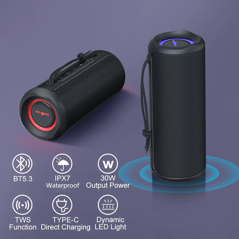 P3 Portable Bluetooth Speaker with IPX7 waterproof rating, 30W output, TWS function, and dynamic LED light.