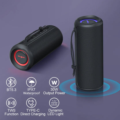 P3 Portable Bluetooth Speaker with IPX7 waterproof rating, 30W output, TWS function, and dynamic LED light.