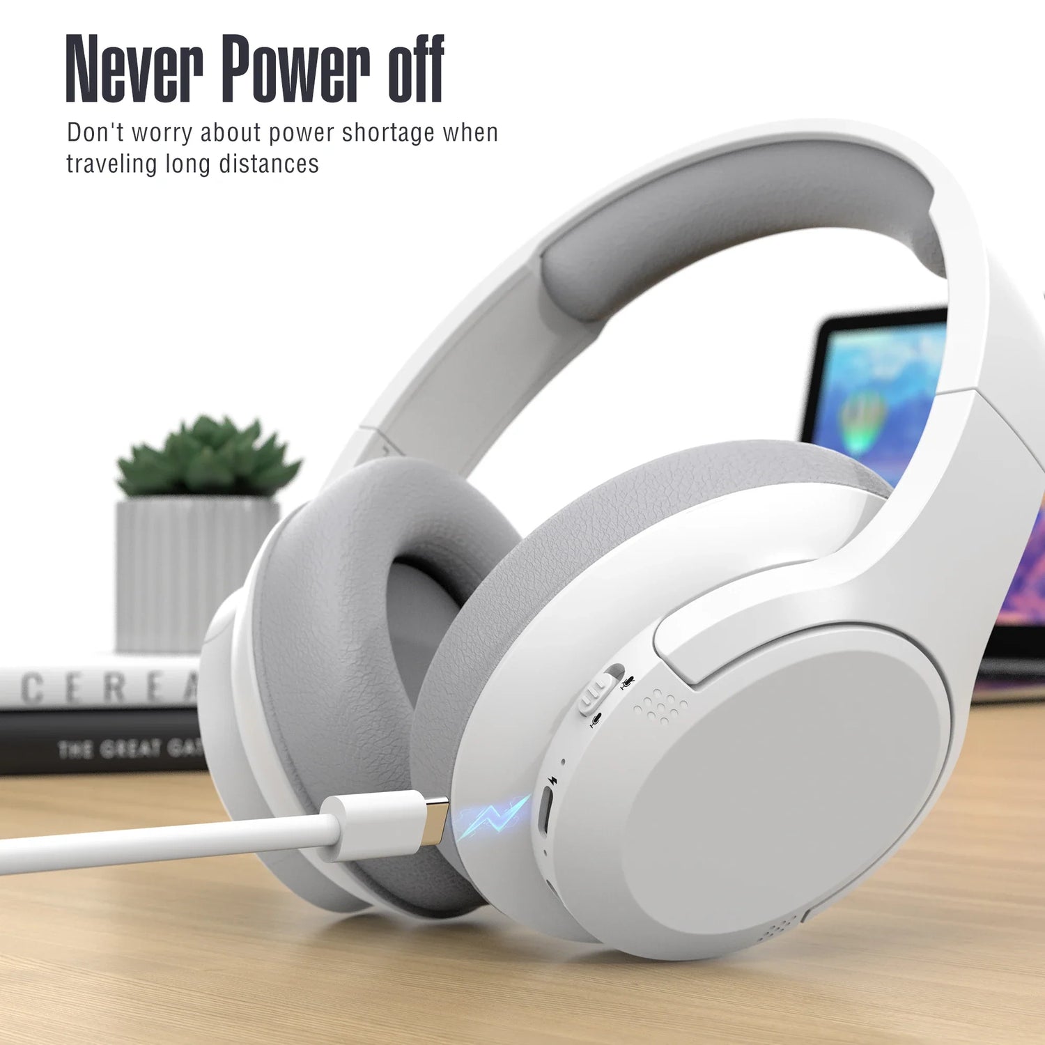 Bluetooth Wireless Over-Ear Headphones with a sleek white design, featuring soft ear cushions and a charging cable connected.