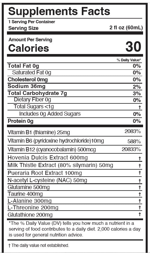Label for Rapid Hangover Recovery Shot in Natural Grape Flavor, detailing nutritional information and ingredients.