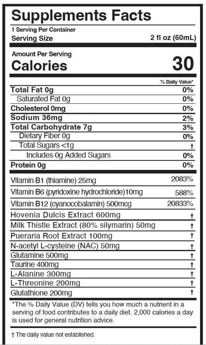 Label for Rapid Hangover Recovery Shot in Natural Grape Flavor, detailing nutritional information and ingredients.