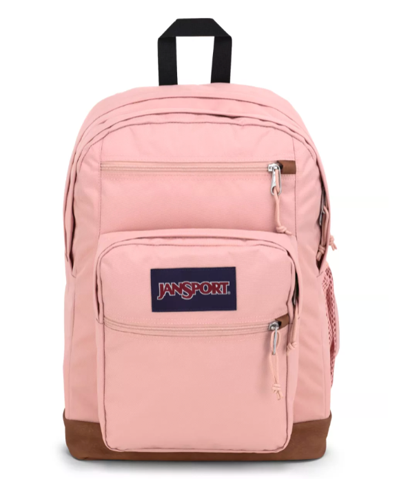 Jansport COOL STUDENT Backpack in Misty Rose, featuring multiple pockets, a sturdy handle, and a stylish design.