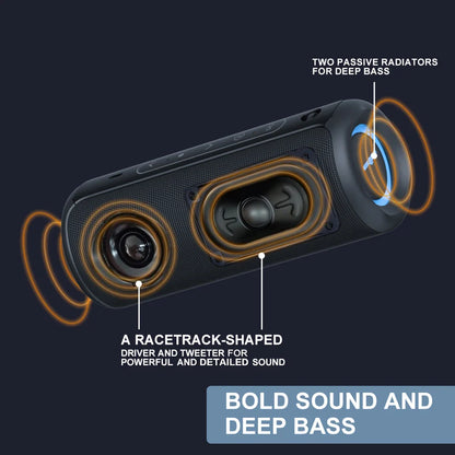 P3 Portable Bluetooth Speaker with racetrack-shaped driver, tweeter, and two passive radiators for bold sound and deep bass.