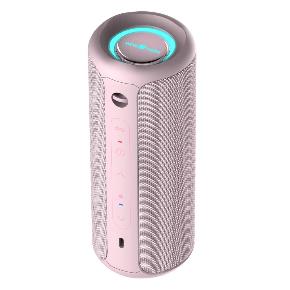 P3 Portable Bluetooth Speaker in pink with a textured surface, control buttons, and a glowing blue light on top.