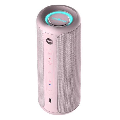 P3 Portable Bluetooth Speaker in pink with a textured surface, control buttons, and a glowing blue light on top.