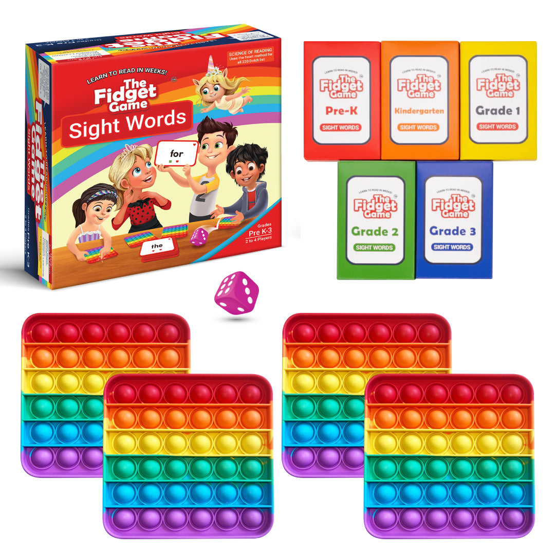 The Fidget Game: Sight Words Edition includes colorful pop-it trays, sight word cards for various grades, and a dice.