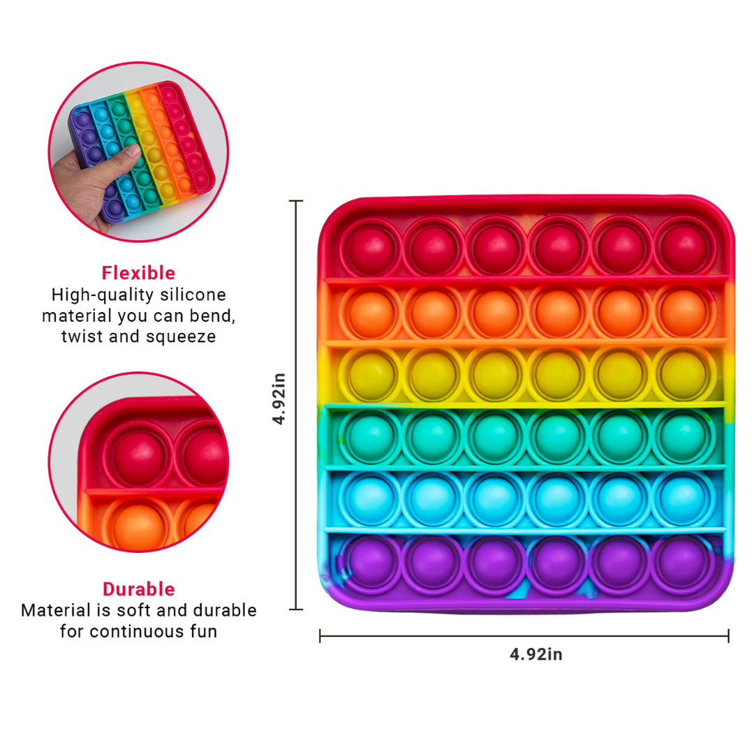 Extra Rainbow Fidget Mat featuring colorful silicone bubbles for sensory play, measuring 4.92 inches. Flexible and durable de