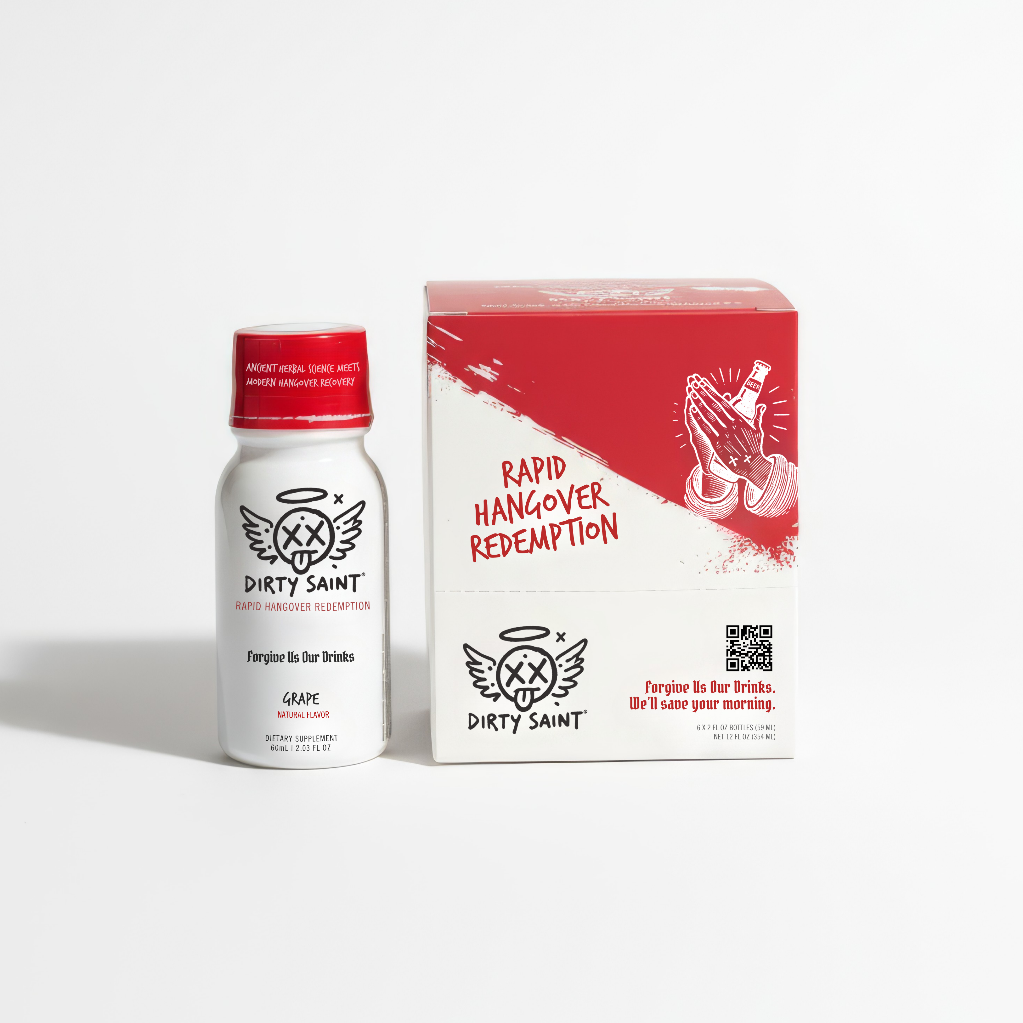 Rapid Hangover Recovery Shot in Natural Grape Flavor with packaging featuring a playful design and logo.