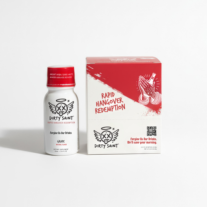 Rapid Hangover Recovery Shot in Natural Grape Flavor with packaging featuring a playful design and logo.