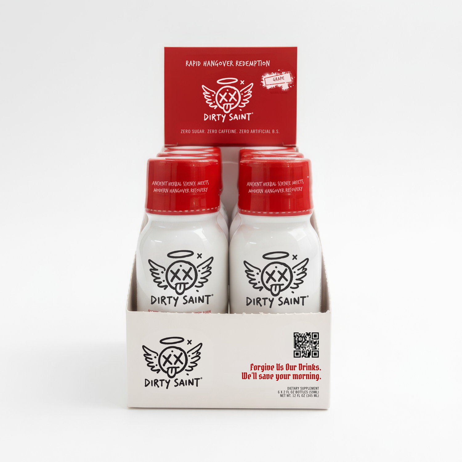 Rapid Hangover Recovery Shot in Natural Grape Flavor, displayed in a box with four bottles, featuring a white design and logo