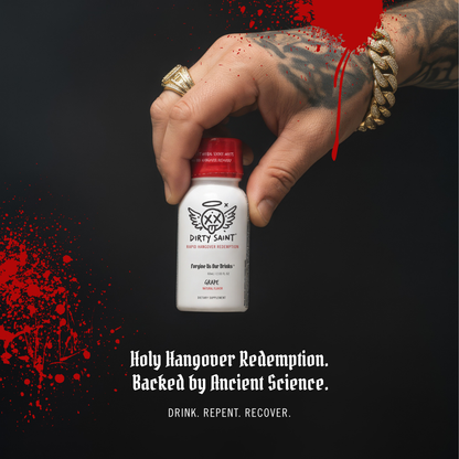 Rapid Hangover Recovery Shot in Natural Grape Flavor held by a hand, featuring bold text and a splash of red for emphasis.