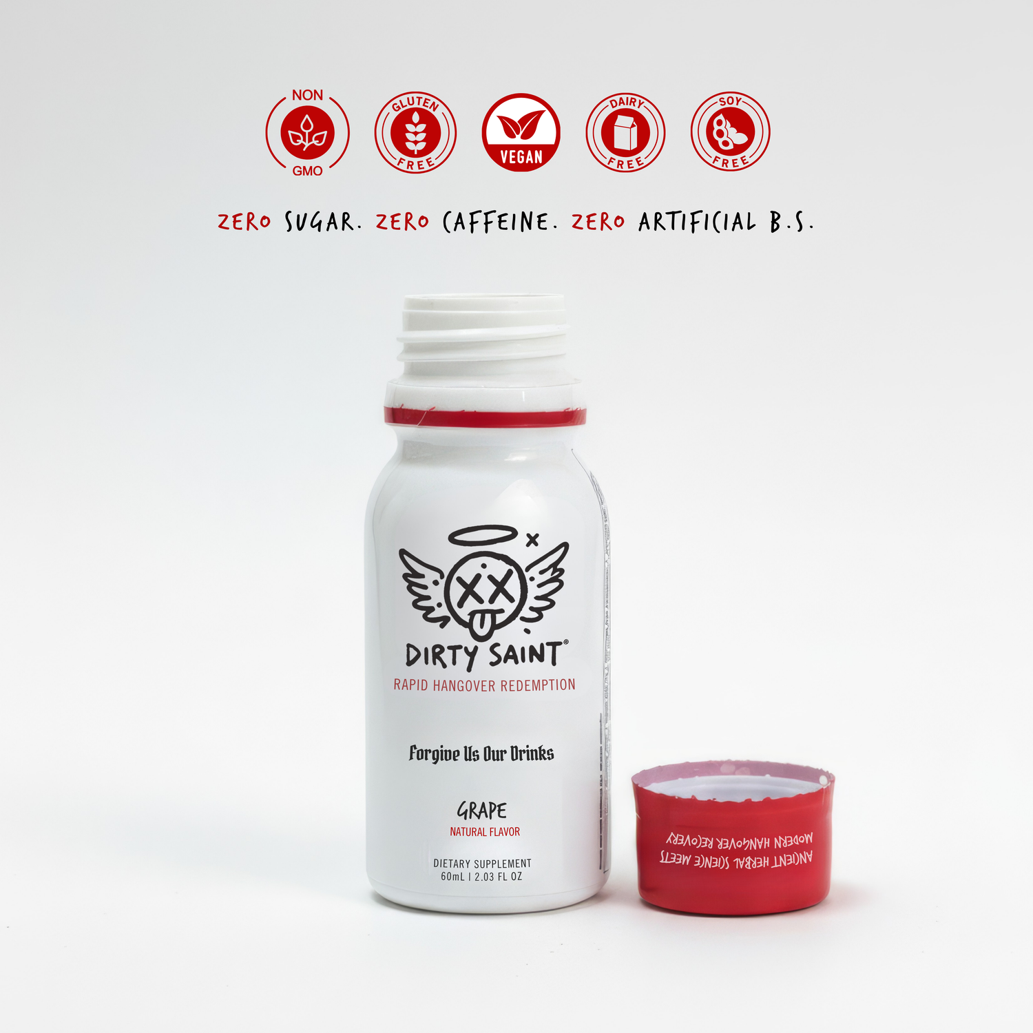 Rapid Hangover Recovery Shot in Natural Grape Flavor, featuring a white bottle with a red cap and logo, highlighting health b