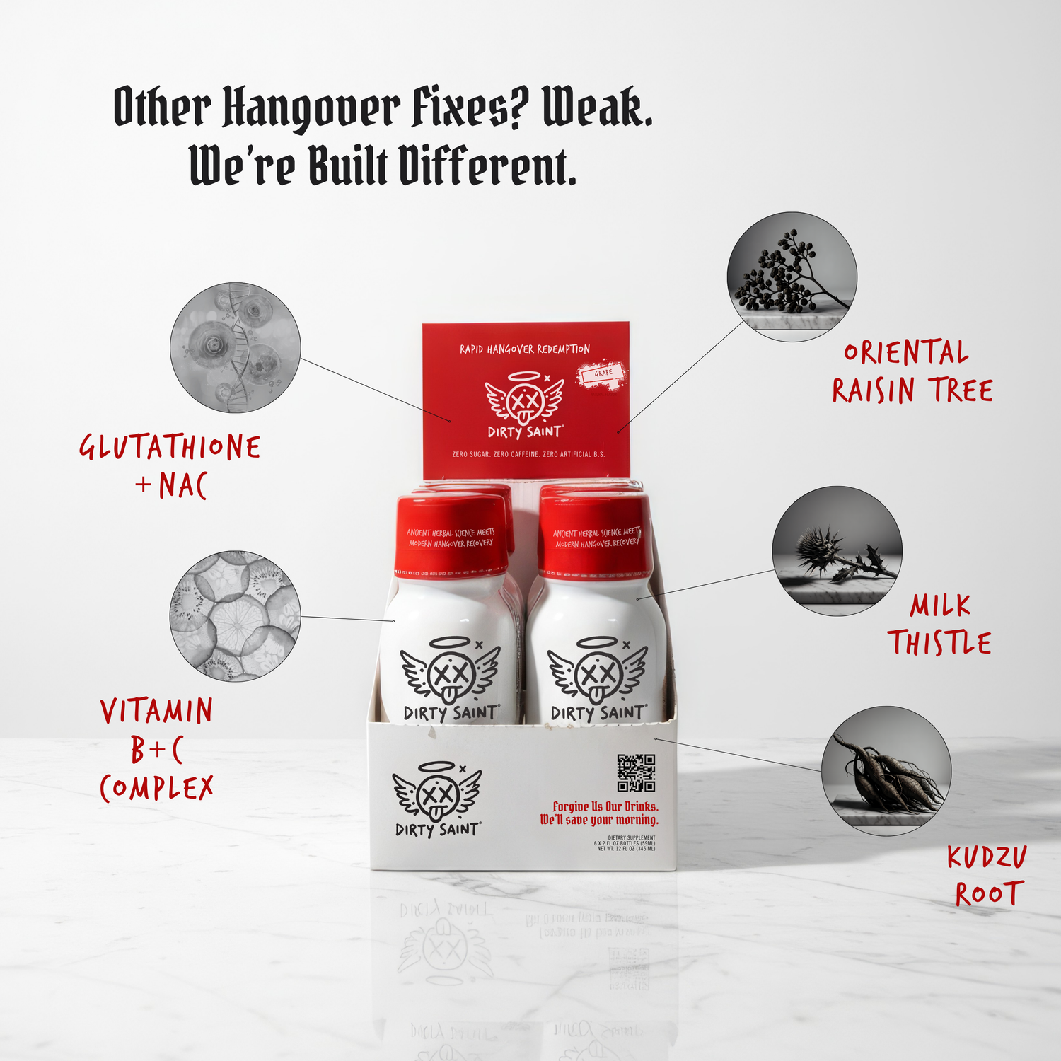 Rapid Hangover Recovery Shot in Natural Grape Flavor, featuring two bottles with ingredients highlighted: Glutathione, Vitami