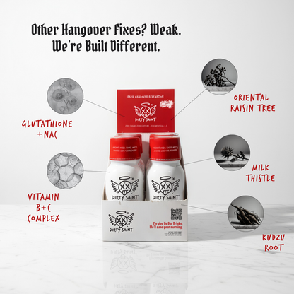 Rapid Hangover Recovery Shot in Natural Grape Flavor, featuring two bottles with ingredients highlighted: Glutathione, Vitami