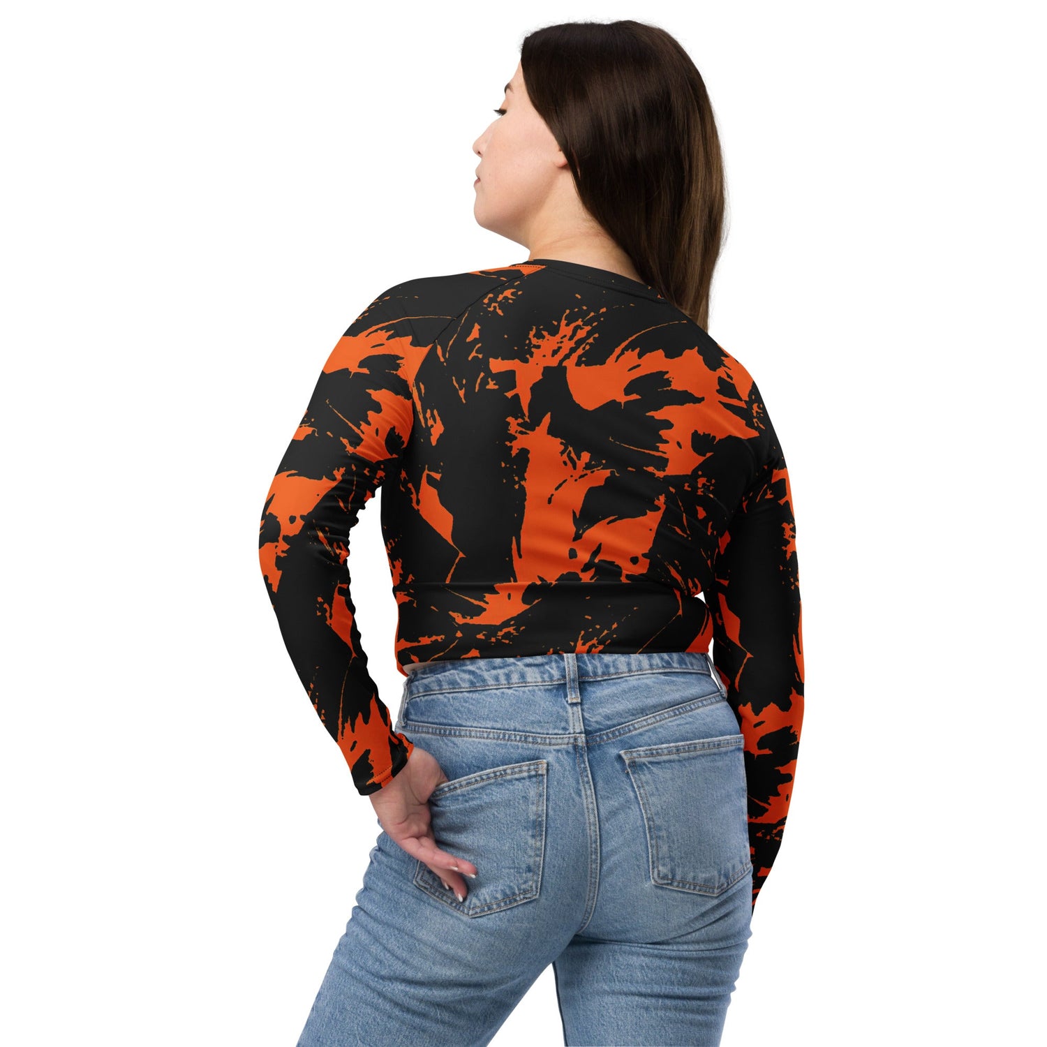 Black and Orange Spooky Paint Splatter Graffiti Long-Sleeve Fitted Crop Top