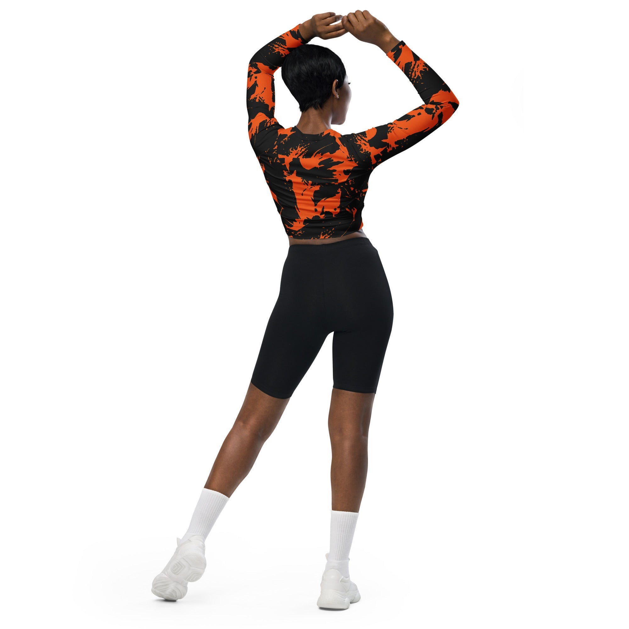 Black and Orange Spooky Paint Splatter Graffiti Long-Sleeve Fitted Crop Top