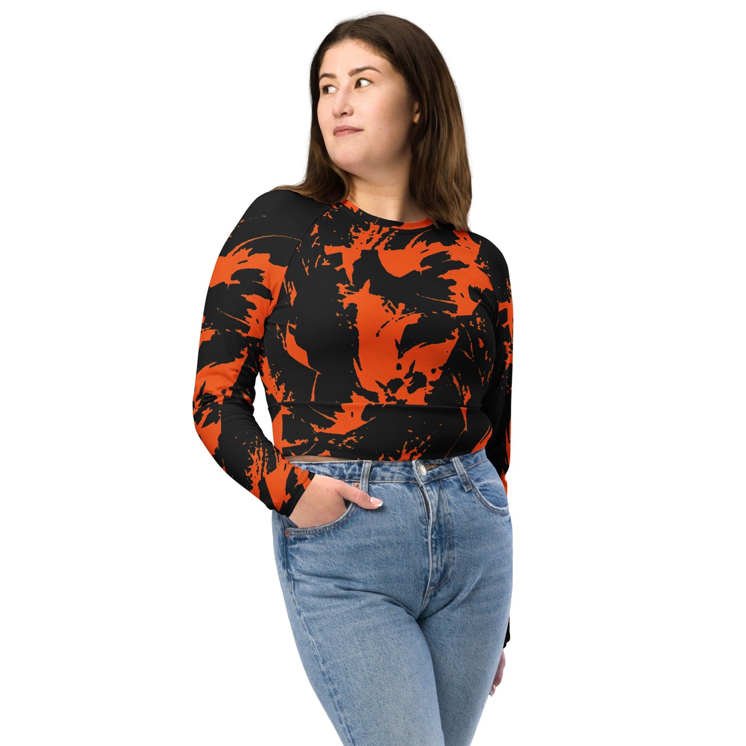 Black and Orange Spooky Paint Splatter Graffiti Long-Sleeve Fitted Crop Top