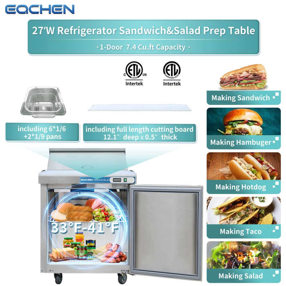 27 inch Salad Sandwich Prep Table Refrigerator, Stainless Steel Single Door Food Prep Cooler