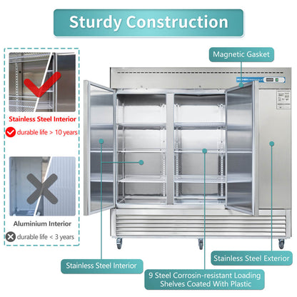 Commercial Reach in Refrigerator, 3 door 72 Cu.ft Stainless Steel Commercial Upright Refrigerator