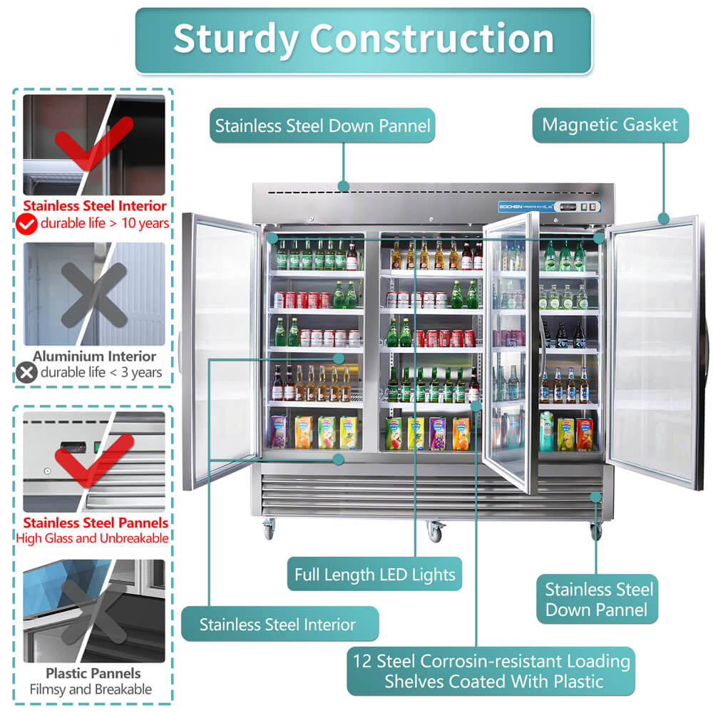 3 Door Commercial Beverage Refrigerator, EQCHEN 82 Inch Commercial Glass Door Refrigerator