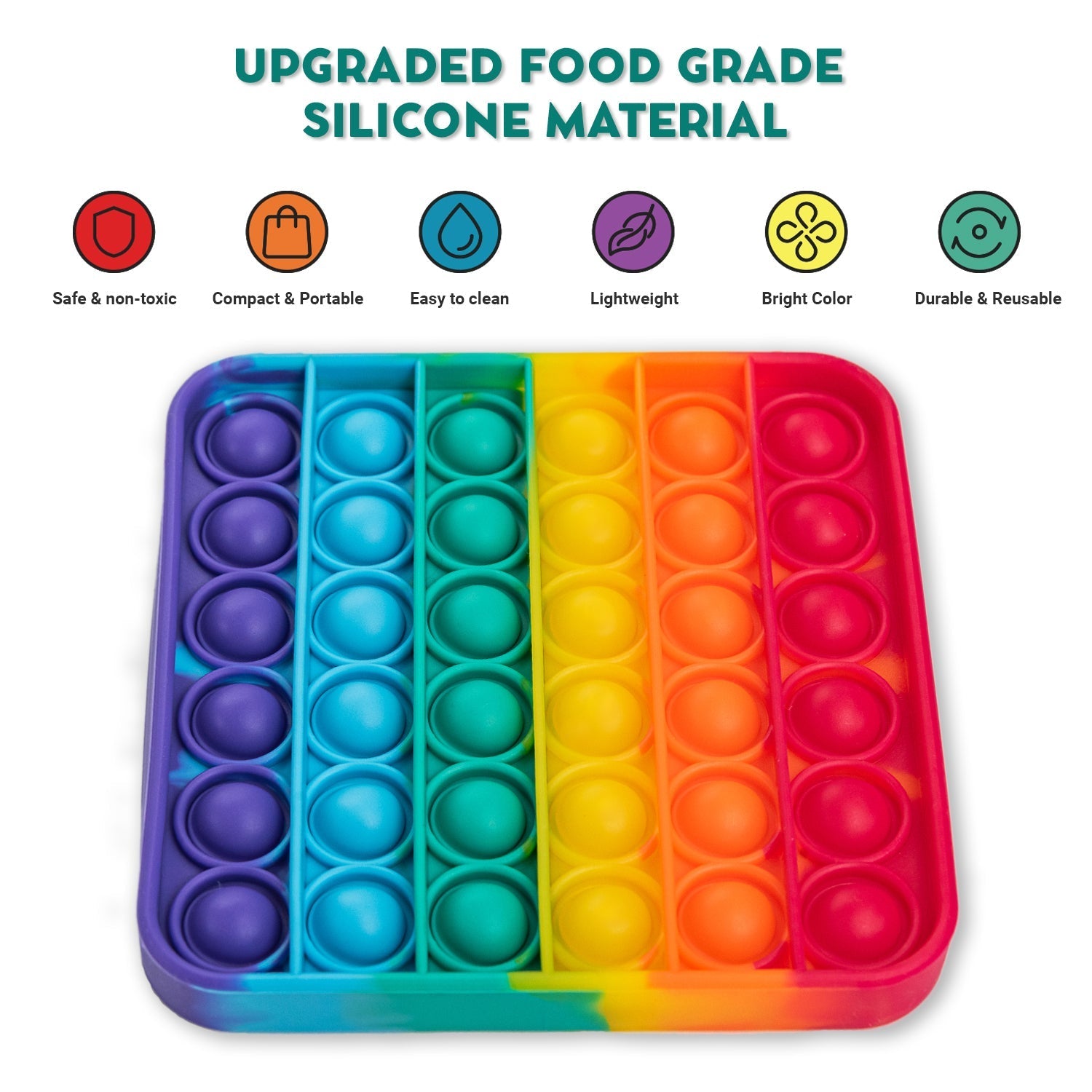 Colorful .4 Extra Rainbow Fidget Mat made of food-grade silicone, featuring pop bubbles in a grid layout. Safe, portable, and