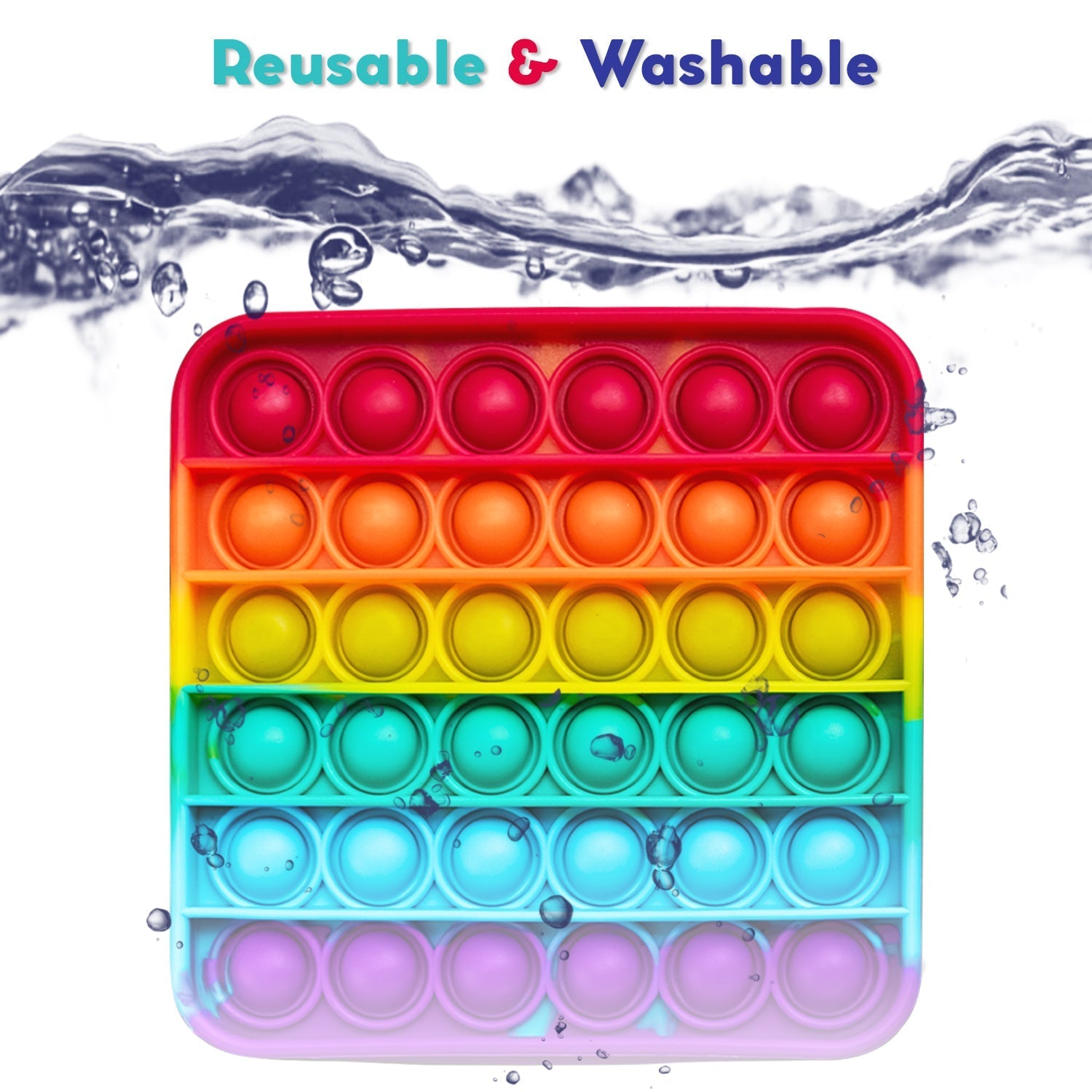 Colorful .4 Extra Rainbow Fidget Mat featuring bubble poppers in red, orange, yellow, green, blue, and purple. Reusable and w