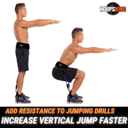 HoopsKing Vertical Jump Trainer Resistance Bands with a model demonstrating exercises, featuring bands from waist to heels.