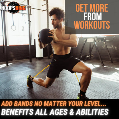 HoopsKing Vertical Jump Trainer Resistance Bands attached from waist to heels, used by a man exercising with a medicine ball.