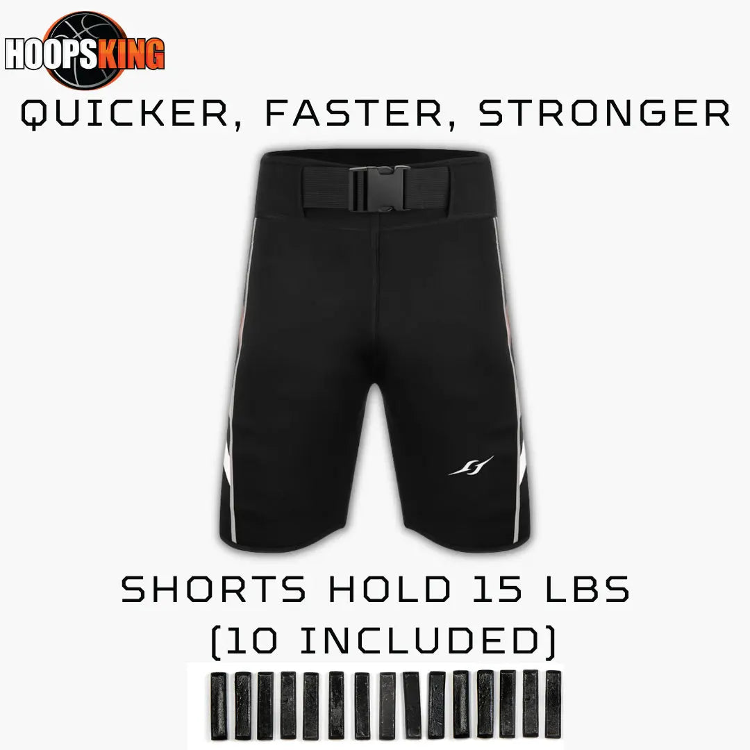 Black S.W.A.G. Weighted Training Shorts with a belt, designed to hold up to 15 lbs, featuring ten weight inserts.