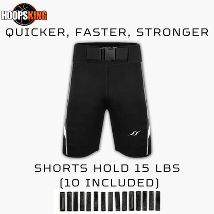 Black S.W.A.G. Weighted Training Shorts with a belt, designed to hold up to 15 lbs, featuring ten weight inserts.