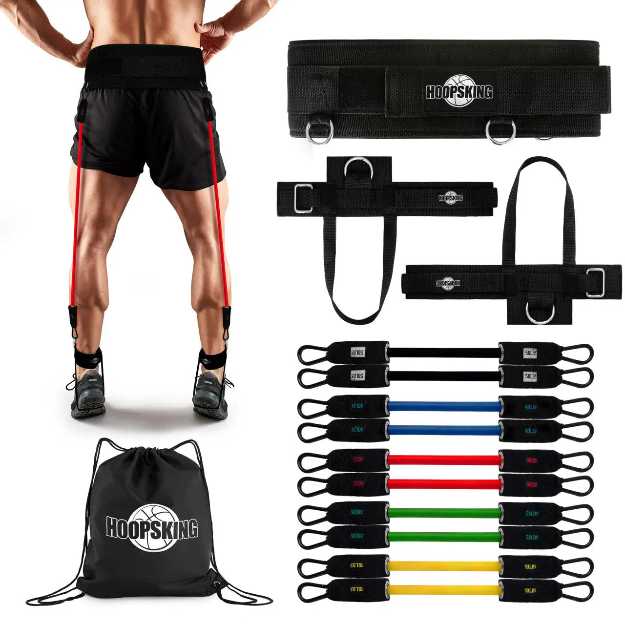 HoopsKing Vertical Jump Trainer with resistance bands, waist and heel straps, and a drawstring bag. Ideal for jump training.