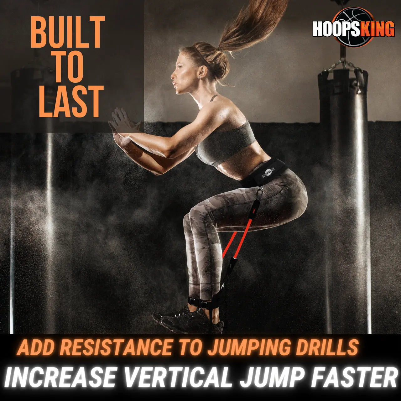 HoopsKing Vertical Jump Trainer Resistance Bands, featuring a woman jumping with resistance bands from waist to heels.
