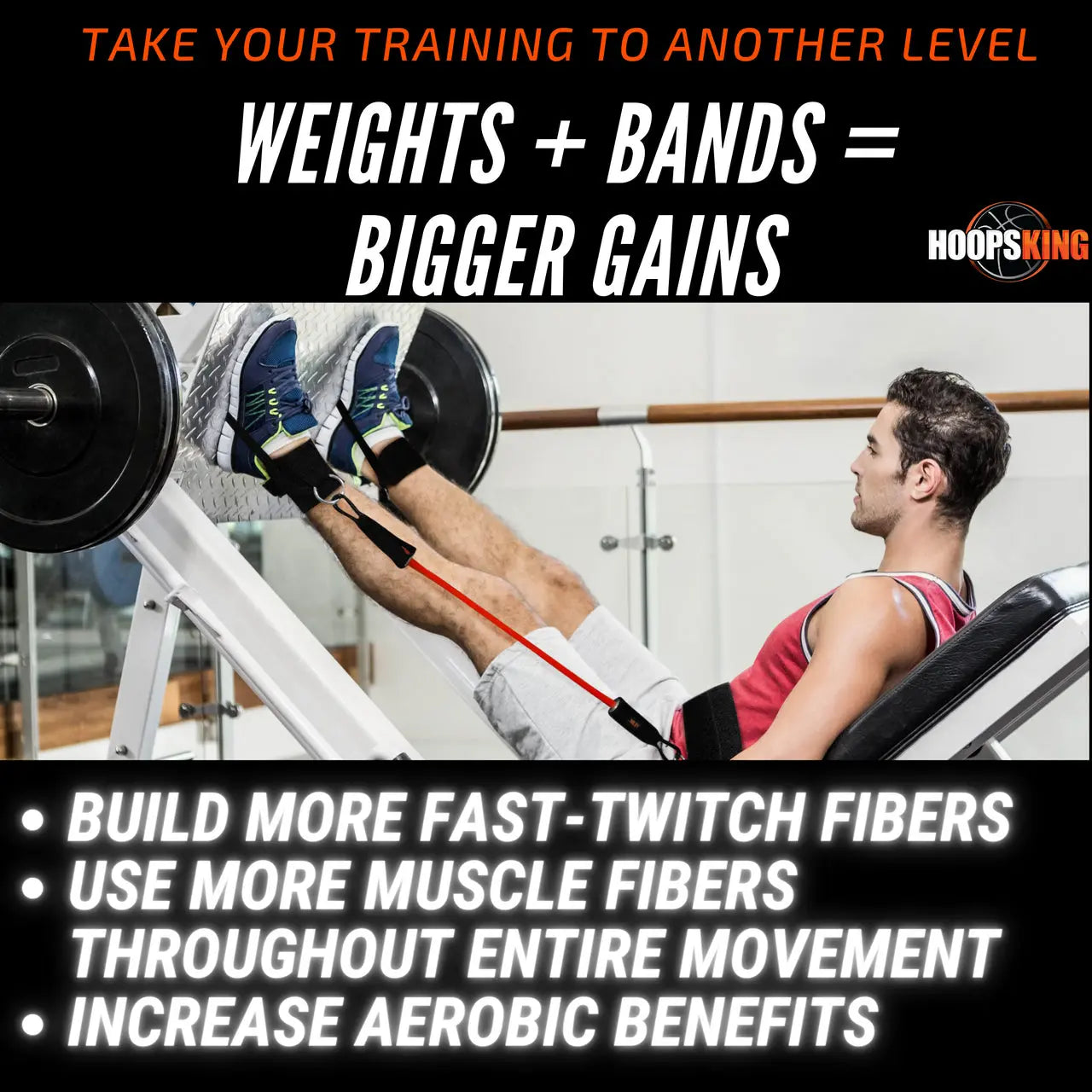 HoopsKing Vertical Jump Trainer Resistance Bands attached to a person using a leg press machine, showcasing workout benefits.