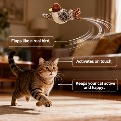 Interactive flying bird toy for cats, flapping wings, activates on touch, keeps cats active and happy.