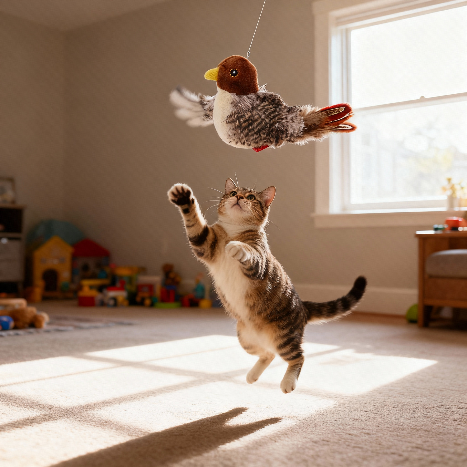 Interactive flying bird toy with a cat jumping to catch it in a sunlit room filled with toys.