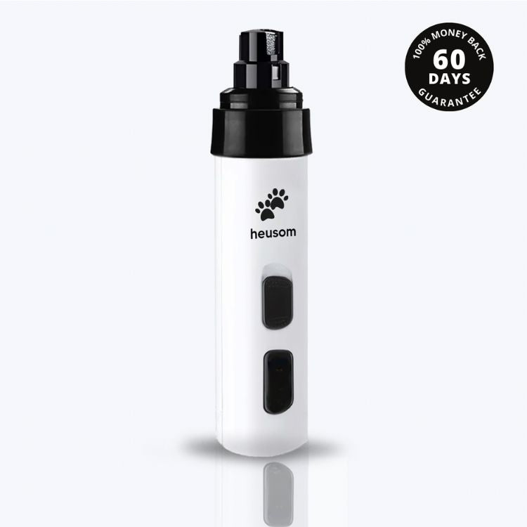 Silent Groom Pro pet nail grinder in white with black accents, featuring buttons for operation and a 60-day money-back guaran