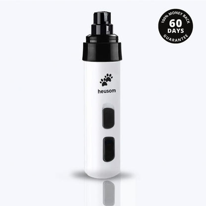 Silent Groom Pro pet nail grinder in white with black accents, featuring buttons for operation and a 60-day money-back guaran