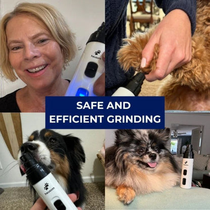 Silent Groom Pro is a pet nail grinder shown in use on dogs, with a smiling woman and text highlighting its safety and effici