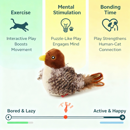 Interactive flying bird toy for cats, promoting exercise, mental stimulation, and bonding through engaging play.