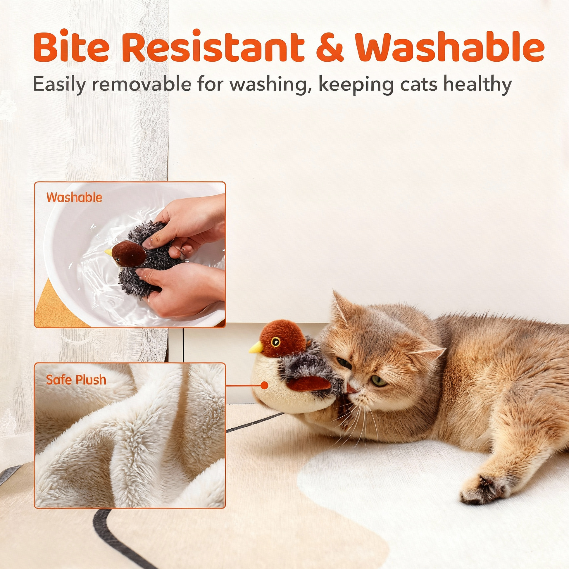 Interactive flying bird toy for cats, featuring bite-resistant material and washable design for easy cleaning.