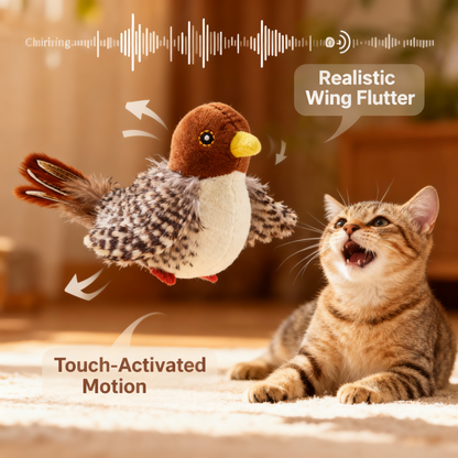 Interactive flying bird toy with realistic wing flutter, designed for cats, featuring touch-activated motion.