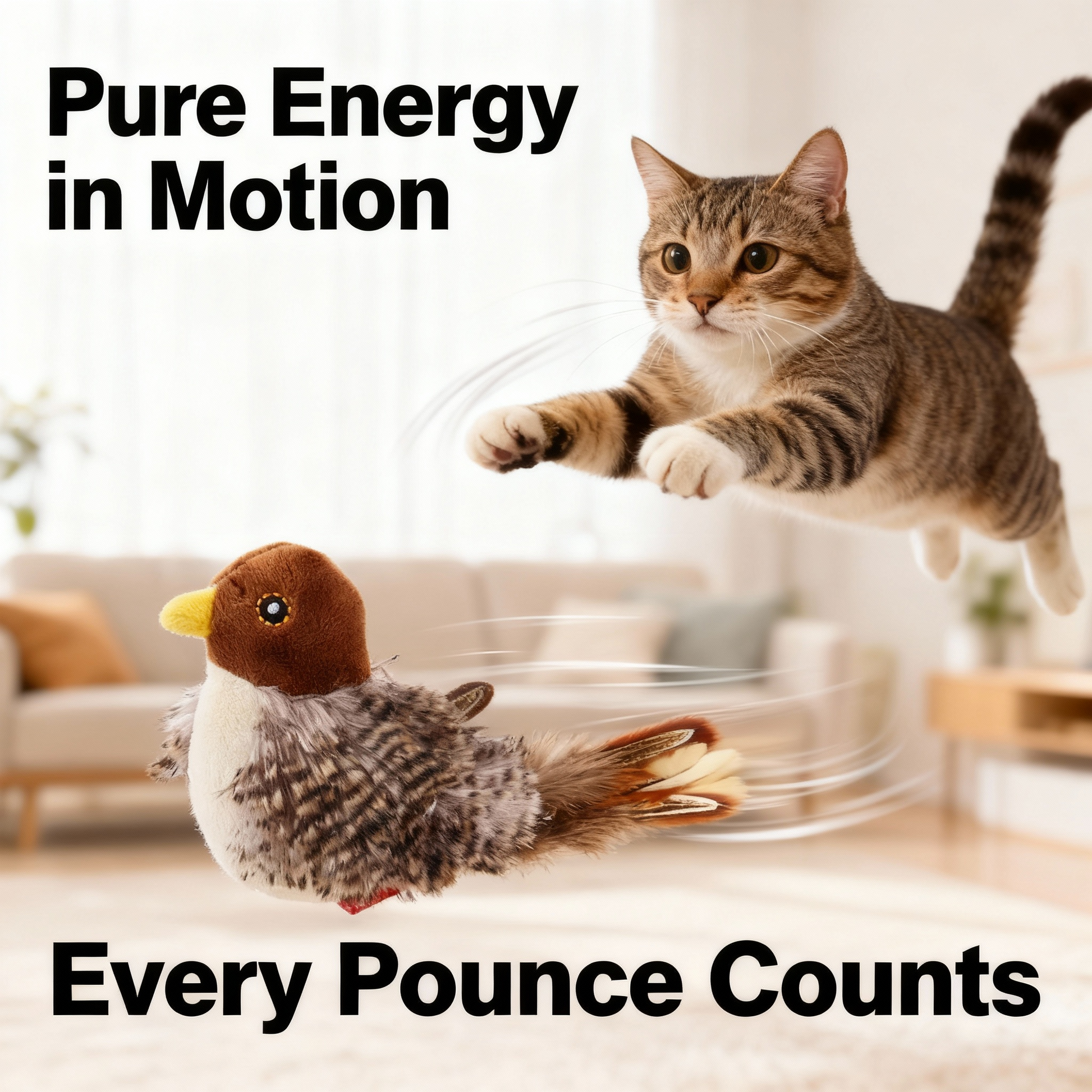 Interactive flying bird toy with a cat leaping towards it, showcasing playful motion and engagement.
