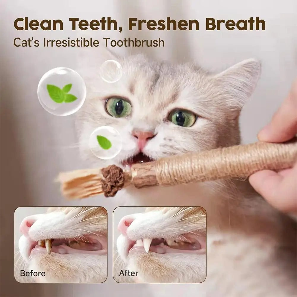 3 pack of natural cat dental sticks with a cat enjoying a stick, showing before and after dental health images.